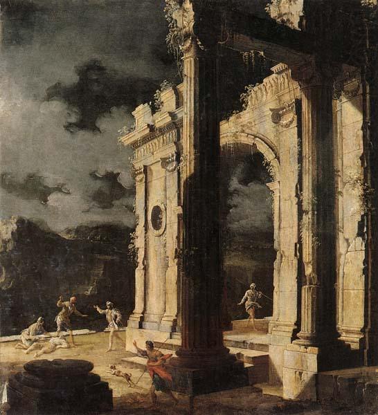 Leonardo Coccorante An architectural capriccio with figures amongst ruins,under a stormy night sky china oil painting image